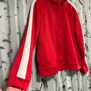 Red athletic set with Jacket $ pants with White and Pale Pink stripe.